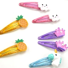 2 cái/lốc New Trẻ Em Phụ Kiện Tóc Dâu Tây Trái Cây Dứa Cặp Tóc 5 cm Phim Hoạt Hình Unicorn Horse Vương Miện Clip Tóc cho Cô Gái(China)