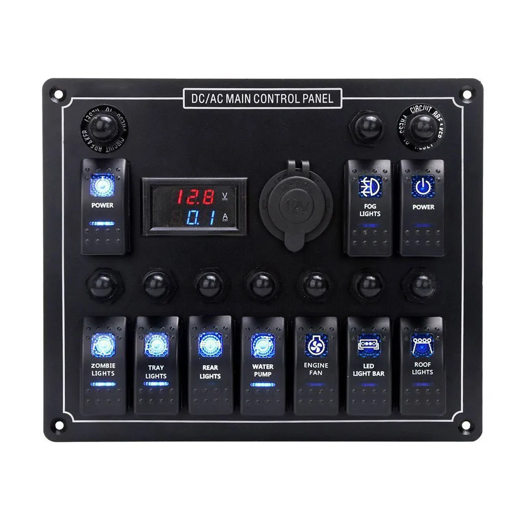 Brand New Durable 10 Gang Marine Rocker Switch Panel Current Voltage Meter