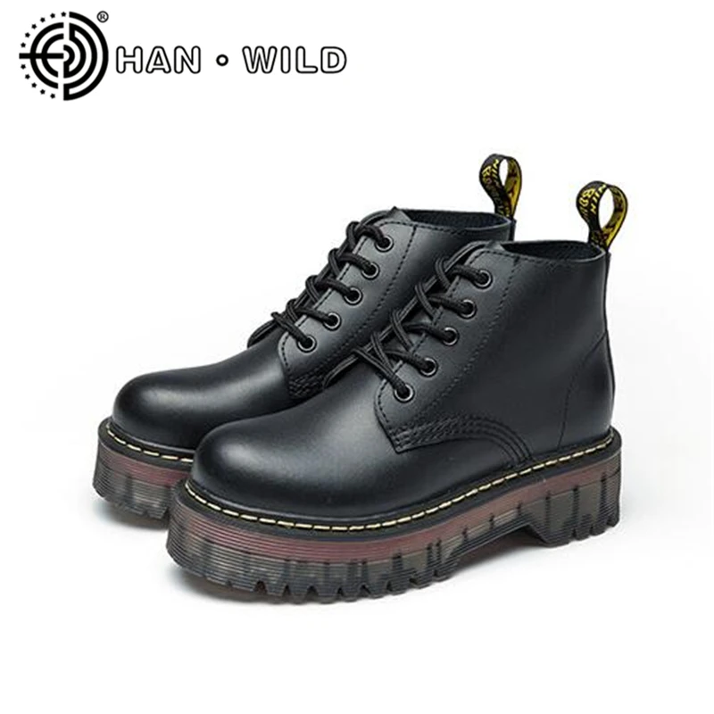 Prix Dames En Cuir de Vache Plate Forme Cheville Bottes Qualité Chaussures Femmes En Cuir Véritable Martin Bottes Toute La Saison Femmes Moto Bottes