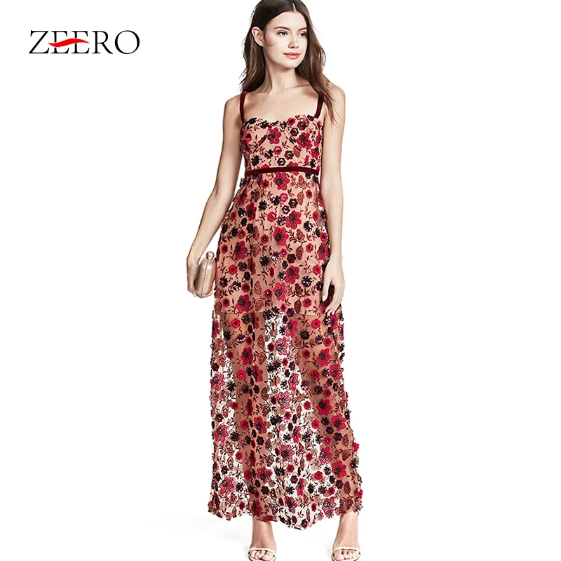 

High Quality 2019 Runway Luxury Flower Embroidery Lace Dress Elegant Woman Summer Sexy Halter Beach Long Dress Female Vestidos