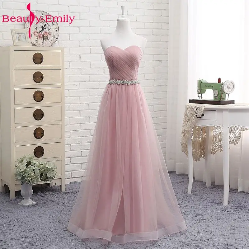 Pink V-neck Tulle Floor Length Bridesmaid Dress
