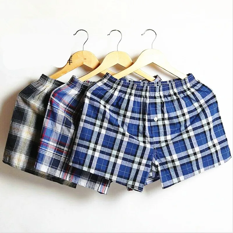 

Mens Woven Boxer Plaid Boxers Home Underwear Trunks Male family underpants Arrow pants Cotton Men's Loose Panties Shorts For Men