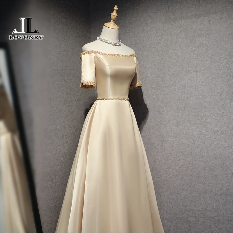 LOVONEY Elegant Beading Evening Dresses Long Boat Neck Short Sleeve Satin Formal Party Dress Evening Gown Robe De Soiree XYG703