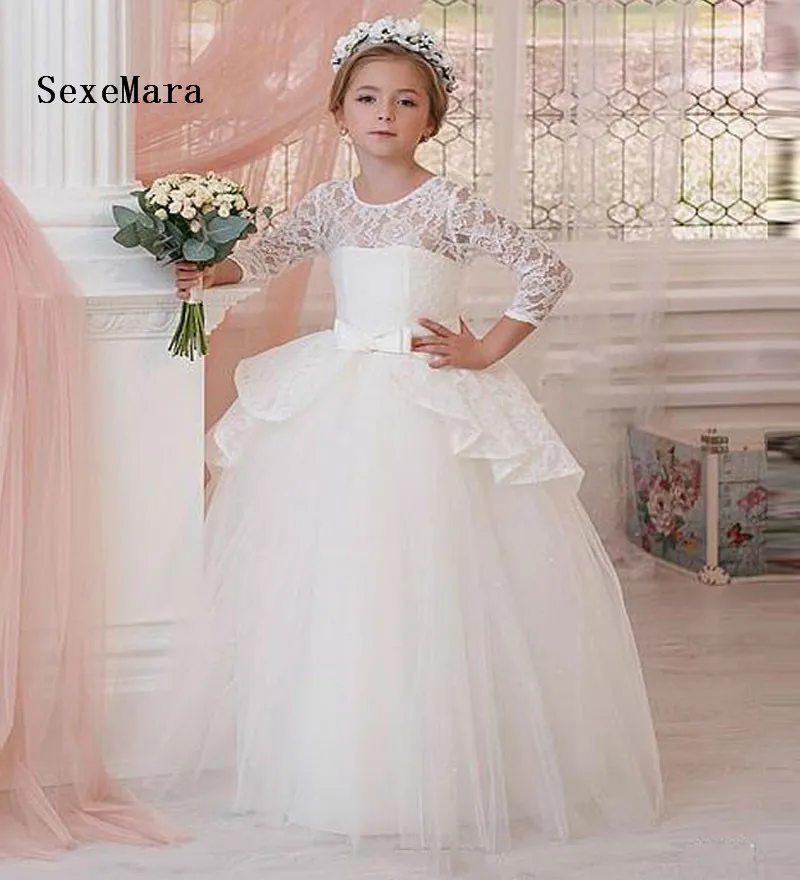 

2018 Puffy White Lace Holy Communion Dresses For Girls Long Tulle Flower Girl Dress for Wedding With Bow