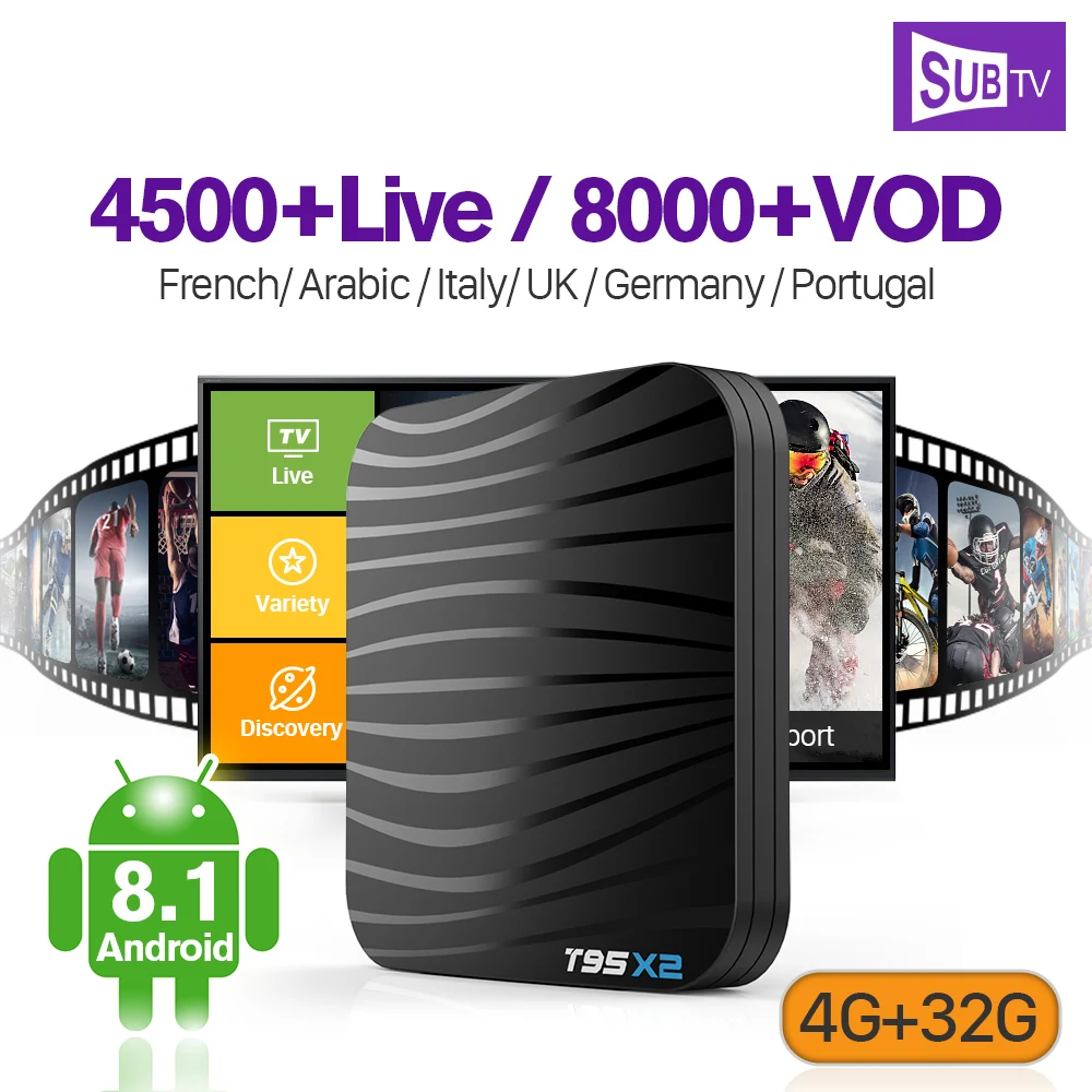 IP ТВ Франции арабский подписки IP ТВ 1 год SUB ТВ T95X2 Android 8,1 S905X2 4 K H.265 4 + 32G IP ТВ Full HD Live Италия Швеция французский