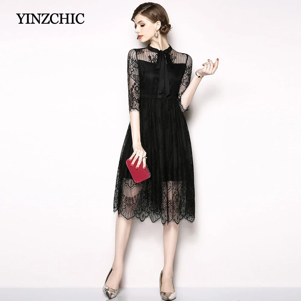 Solid Black Womans Lace Dress Bow Neck Female Casual Midi Dress Hollow ...