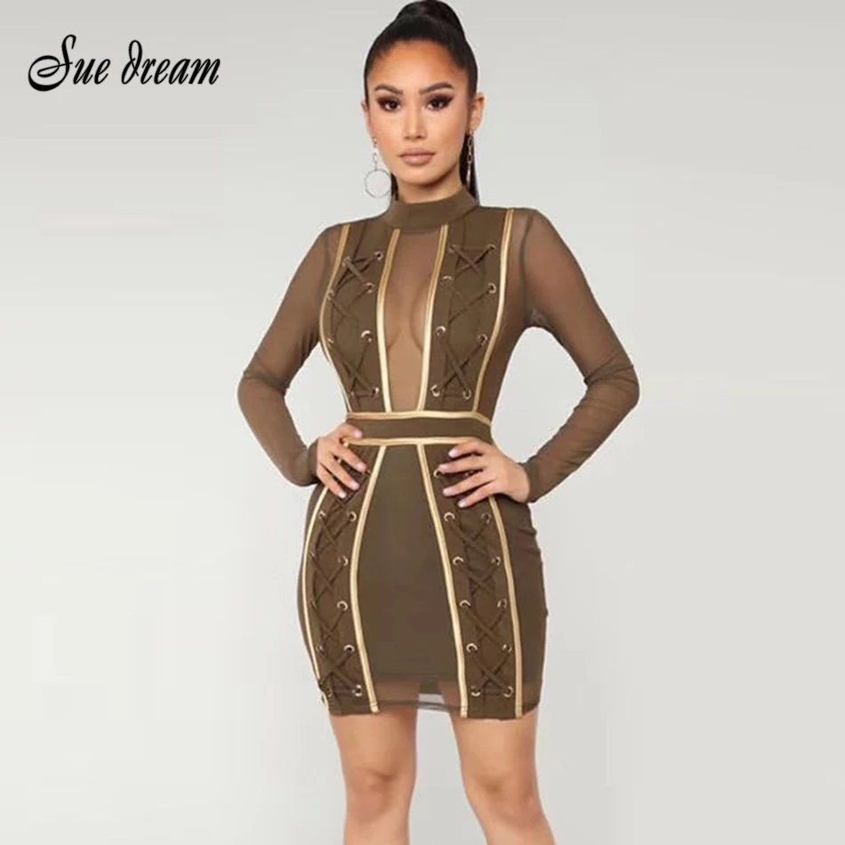 

2018 new winter bandage dress ladies army green black party dress sexy halter round neck long sleeve openwork tight dress