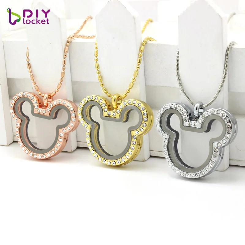 

diylocket1PC Gold/Rose Gold Mickey Living Pendant Rhinestone magnetic glass floating charm locket Necklace Alloy With Free Chain