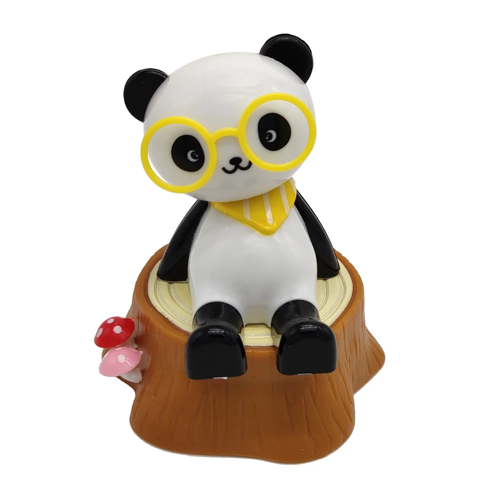 Solar Powered Shaking Head Doll, Panda Sitting on a Tree Stump Gag Toy Home Table Decor Ornament