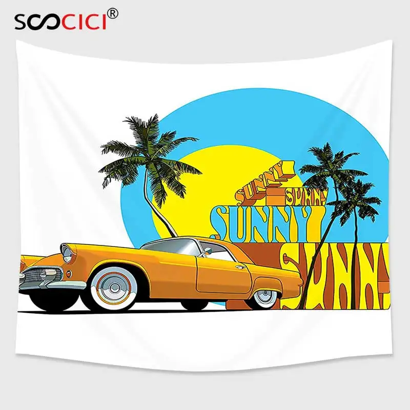 

Cutom Tapestry Wall Hanging,1950s Decor Vintage Classic Car in Magic City Miami with Exotic Coconut Trees Sunny Day Beach Yellow