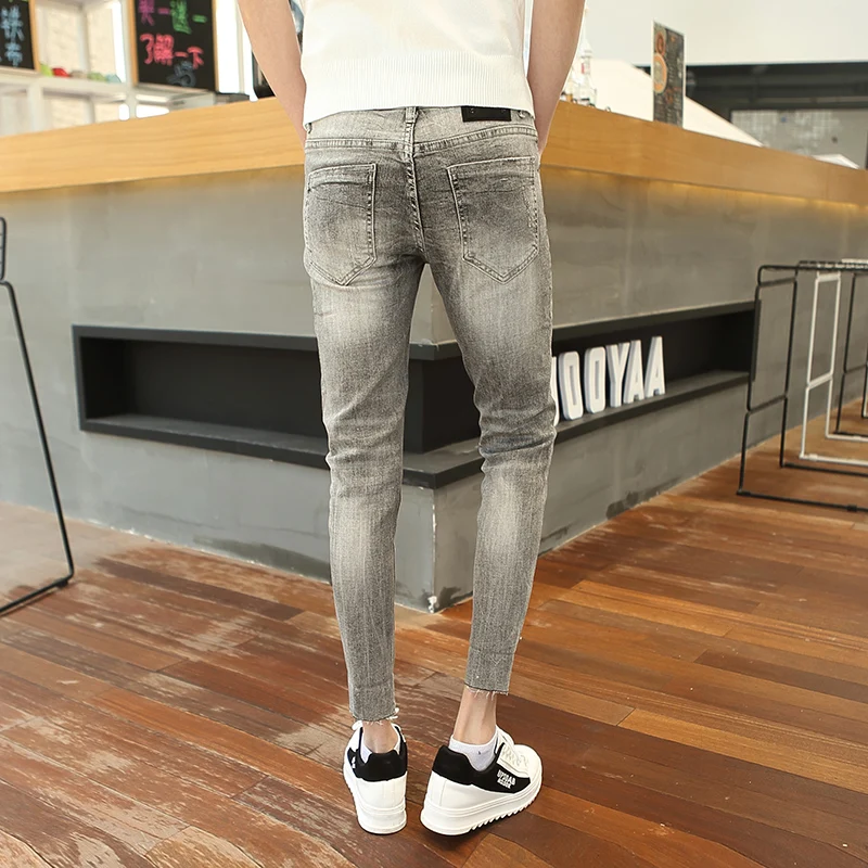 2019 spring men's new denim 9 points pants tide men's hole slim slim feet pants youth simple jeans