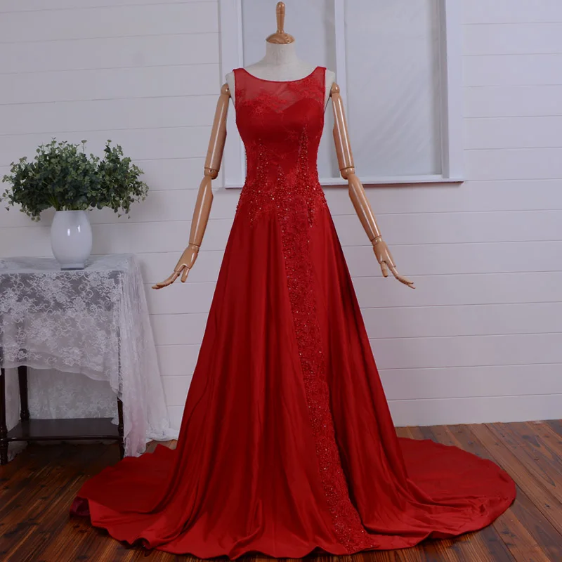 

sexy red lace appliques long prom dresses a-line 2015 new hot style pearls beading evening dress Formal gown robe de soiree