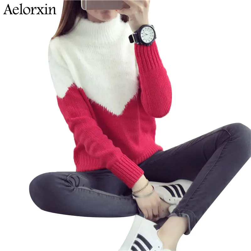 

Women's Turtleneck Sweaters and Pullover Mohair Sweater Female Stitching Loose Sweaters Women's Long Sleeve Sweater Sueter Mujer
