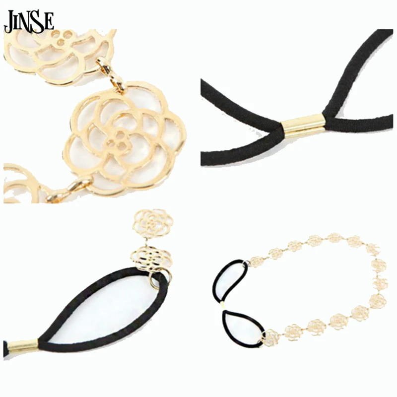 

JINSE Girls Womens Fashion Metal Chain Jewelry Hollow Rose Flower Elastic Headband Hair Band Accessories