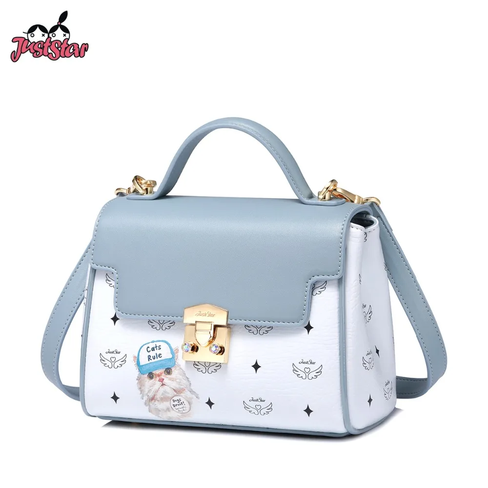 

JUST STAR Women's PU Leather Handbags Ladies Fashion Panelled Tote Purse Female Cartoon Cat Printing Lock Crossbody Bags