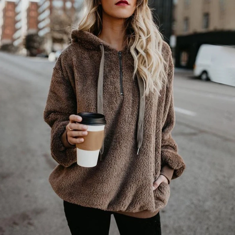 

Oversized Women Pullover Hoodie Zipper Front Long Sleeve Sweatshirt Solid Pocket