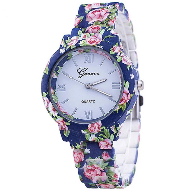NEW Flowers Women Watch Geneva Platinum Printed Flower Plastic Band Analog Quartz Women
