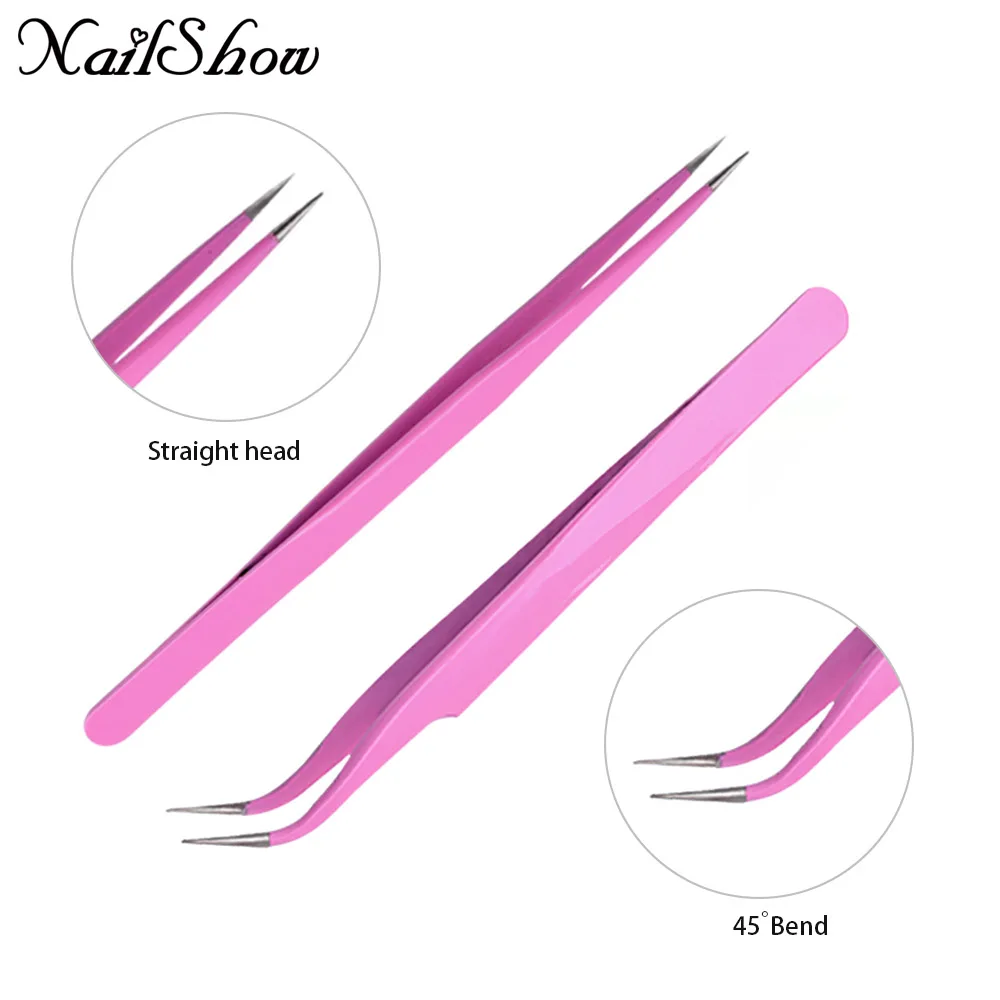 

Pink stainless steel Mink eyelash extension tweezers professional Eye Lashes Tweezers Straight Or bend head