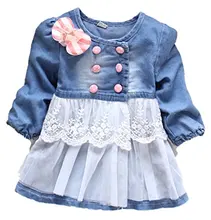 Kidscool Girls Long Sleeve Cotton Soft Ddenim Lace Decoration Dresses