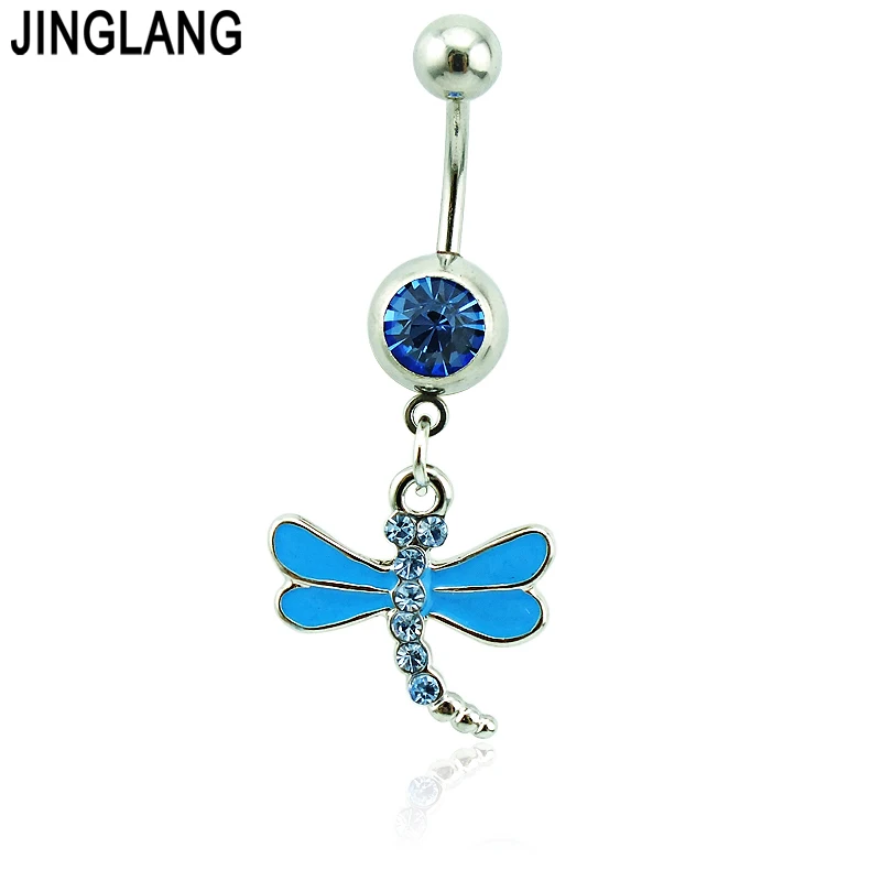 

JINGLANG Fashion Body Piercing Belly Button Rings 316L Stainless Steel Barbells Dangle Blue Enamel Dragonfly Navel Rings Jewelry