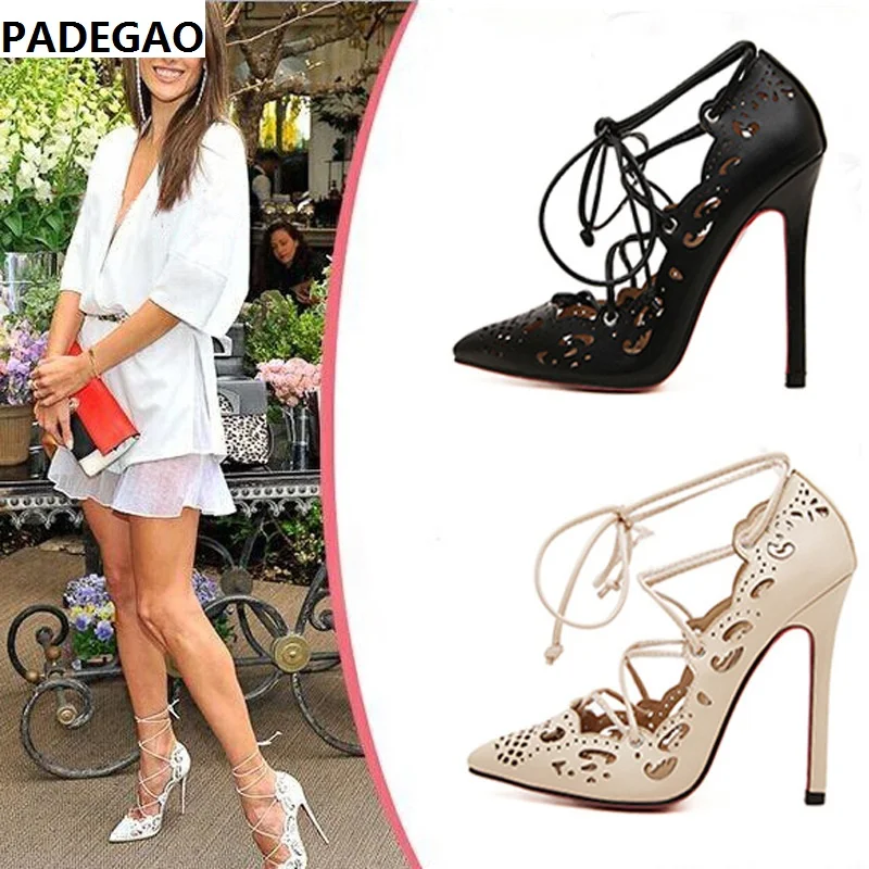 

European and American fashion sexy black and apricot large size hollowed-out pointed thin with hot style strap lady sandals.T004