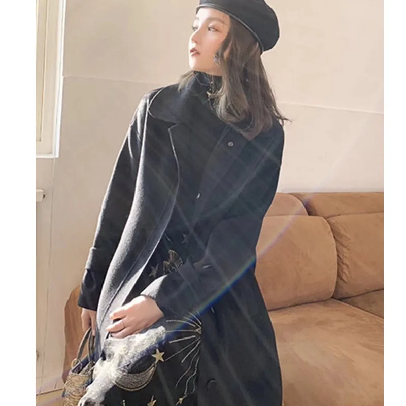 OLN 2019 New Style Autumn Winter Woolen Coat Herringbone Plaid Temperament Waist Turn-down Collar Thin Double-sided Coat 1610