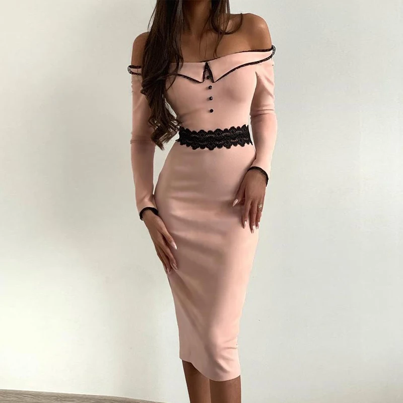 

2019 Pink Off Shoulder Lace Insert Bodycon Dress Sexy Office Look Sexy Elegant party Women Dress