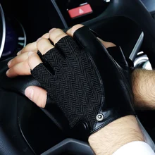 Genuine Leather Semi-Finger Men Gloves Half Finger Sheepskin Fashion Trend Patchwork Driving Leather Gloves 2019 NEW TB03