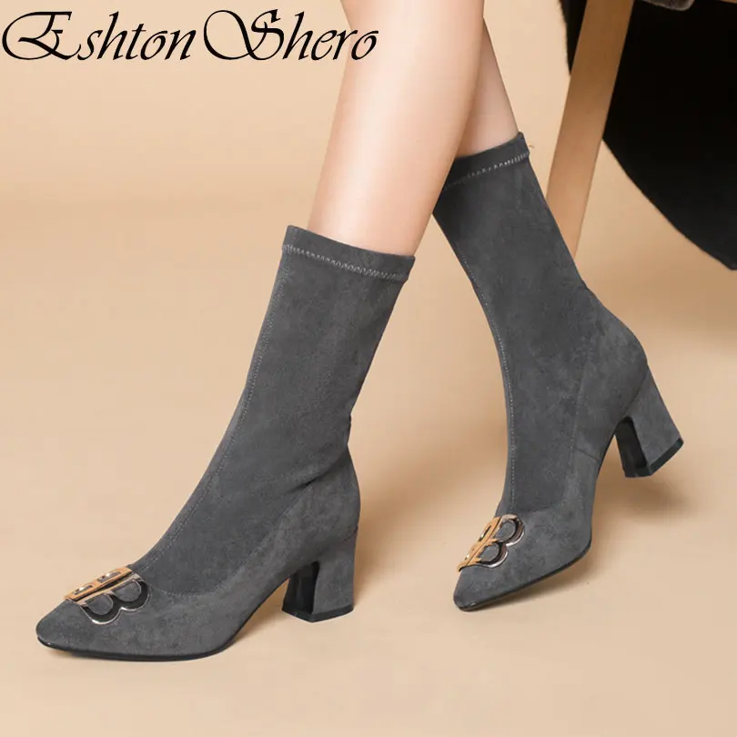 

EshtonShero Spring Women Ankle Boots Shoes Woman Square Med Heel Flock Pointed Toe Gray Ladies Motorcycle Sock Boot Size 33-40