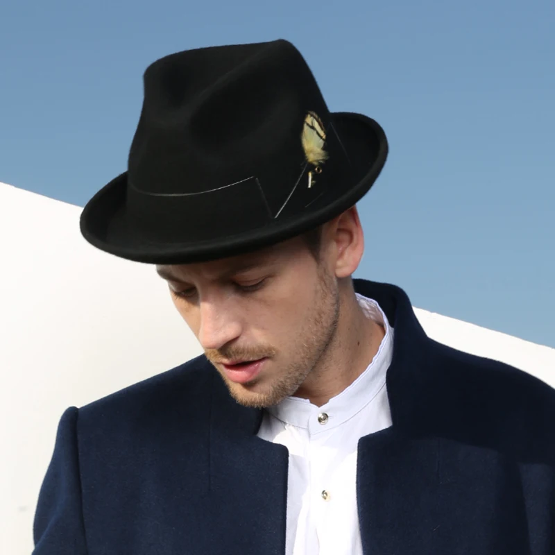 Модные мужские шляпы Fedora из перьев, австралийская шерсть, фетровая шляпа, церковный джентльмен, Высококачественная теплая осенне-зимняя
