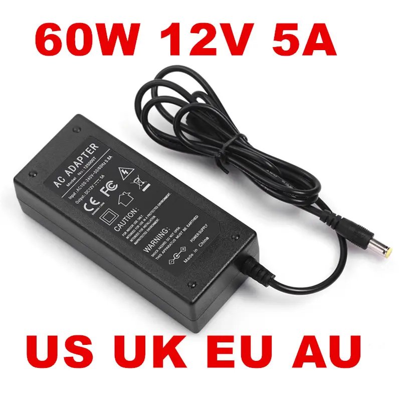 

50PCS 12V 5A 60W Power Adapter 12v5a Ac Adapter AC 100-240V to DC US EU UK AU plug AC line 1.5M + DC line 1.2M