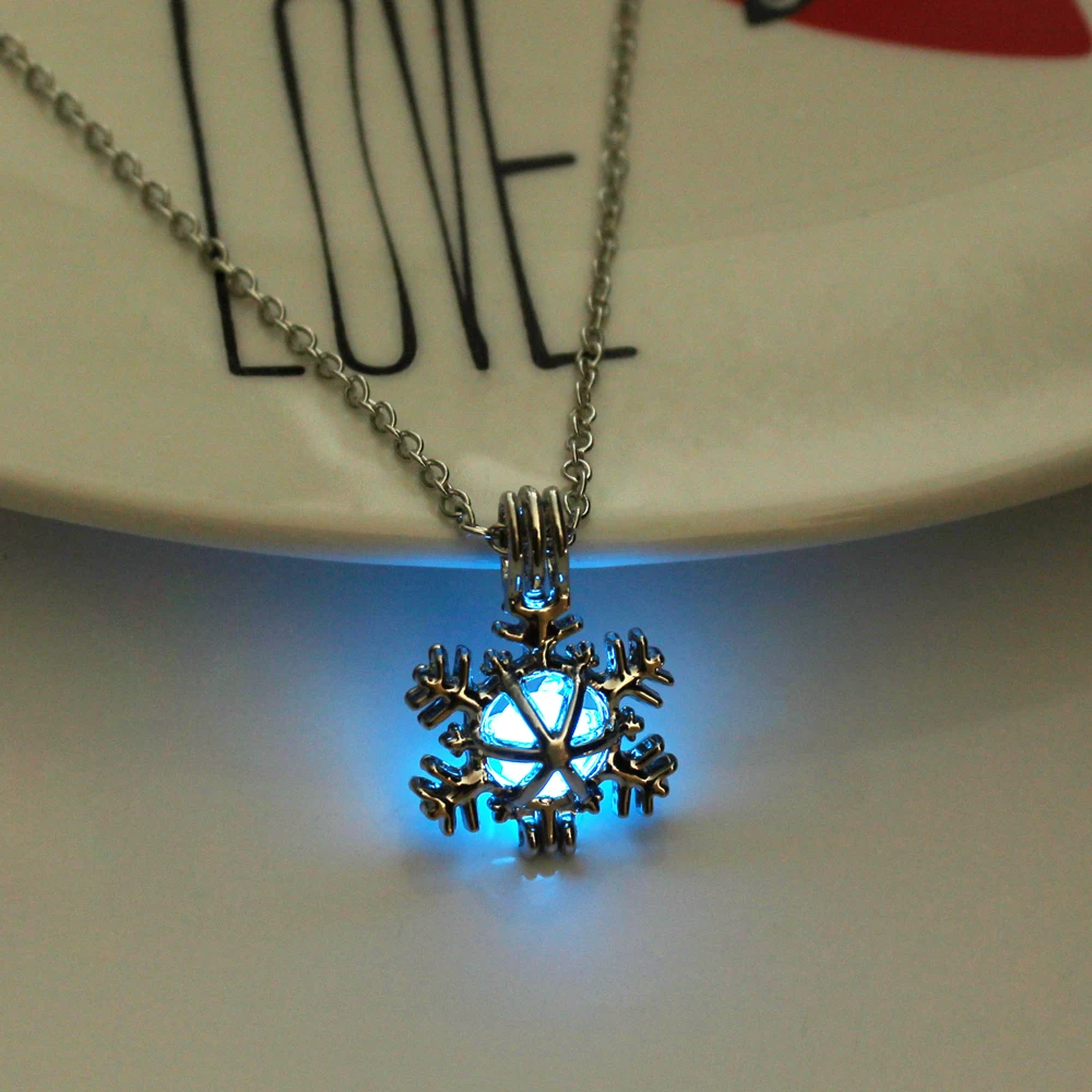 3 цвета светящееся каменное ожерелье Женская мода Снежинка светится в темноте ожерелье с кулоном Серебряное колье ювелирные изделия
