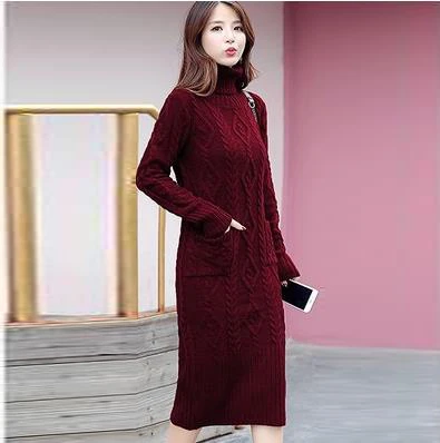 Повседневное облегающее платье миди для женщин зима Новое поступление вязаный свитер платье с длинным рукавом Водолазка твист модные женские платья - Цвет: red wine