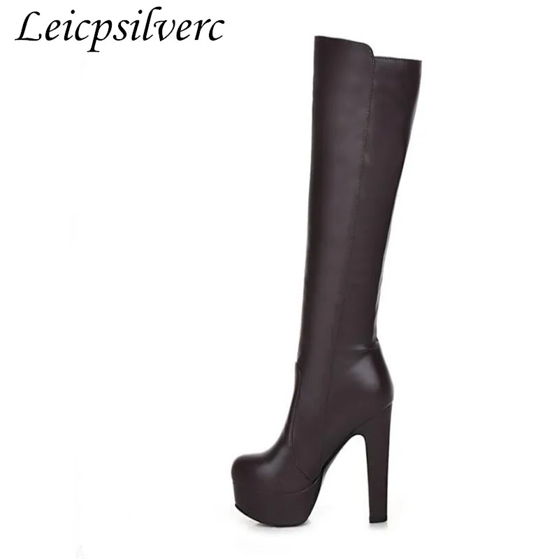 

women boots autumn winter warm 2016 sexy new fashion pu knee-high waterproof Martin snow boot black white brown high-heeled shoe