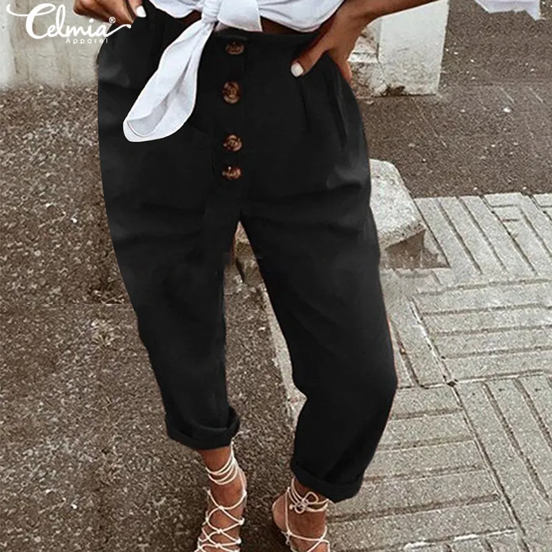 

Celmia 2019 Fashion Harem Pants Women Casual Straight Solid Buttons High Waist Pencil Trouser Plus Size Female Long Pants Bottom