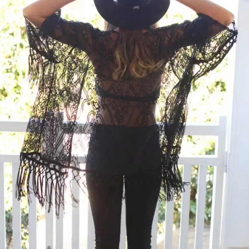 Women Beach Cover Up Boho Fringe Lace Kimono Cardigan Tassels Cape Tops