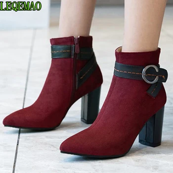 

High Heels booties Woman 2019 Flock Platform Female Ankle Boot Zip Women Shoe Female Winter Footwear Plus Size 43