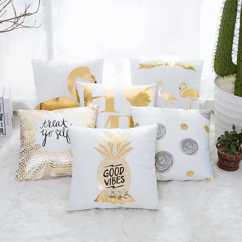 

Nordic Design Gold Foil Printing Pillowcase Flamingos Cusions Decorative Pillows Home Decor Luxury Sofa Throw Pillows 18*18