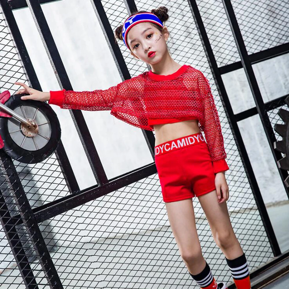 

3 PCS Girls Red Cool Ballroom Jazz Hip Hop Dance Competition Costume Tank Tops Shorts Net Blouse for Kid Dancing Clothes Wear