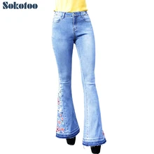 Sokotoo женские эластичные расклешенные джинсы с вышивкой синие джинсовые брюки