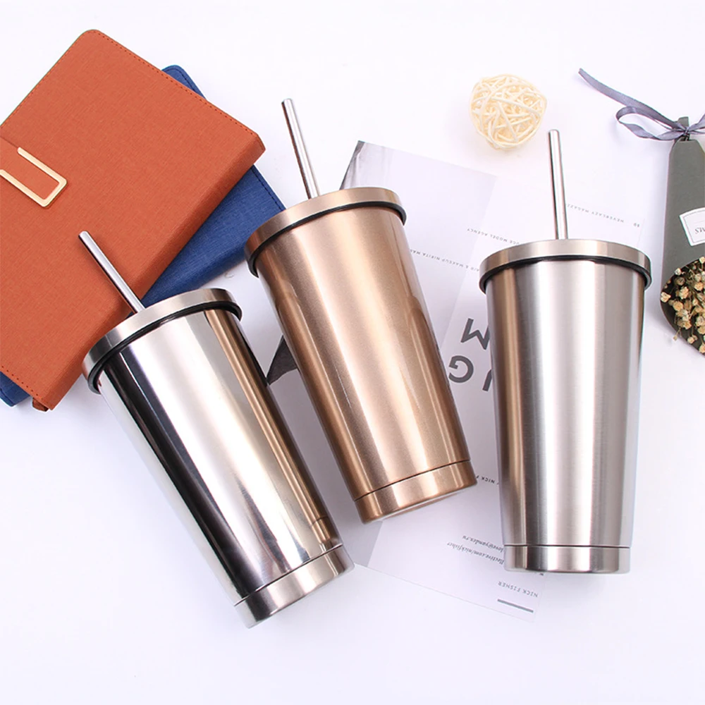 

500ml Coffee Mugs Metal Straw Reusable Tumbler Pint 304 Stainless Steel Drinking Cups Portable Travel Tumbler Water Juice Cups