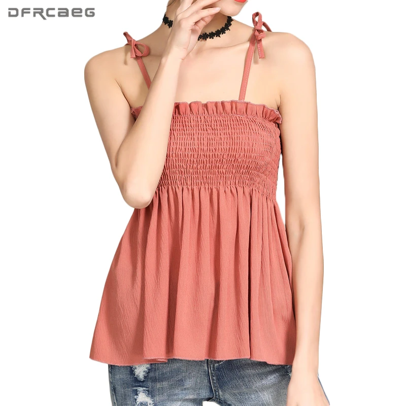 

Off Shoulder Crop Top Pleated Strapless Halter Summer Tank Tops Women Ruffles Big Swing Camisole Femme Elastic Stretch Camisas