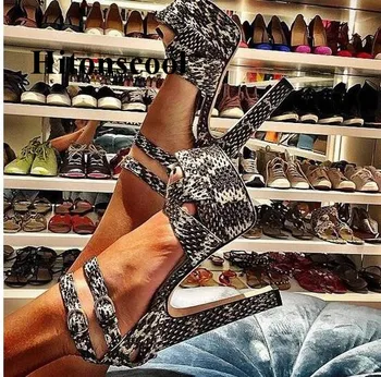 

Double Ankle Strap Buckle Ladies Pumps Delicate Grey Sanke Skin Print Leather High Heel Sandal Tick Heel Platform Dress Shoes