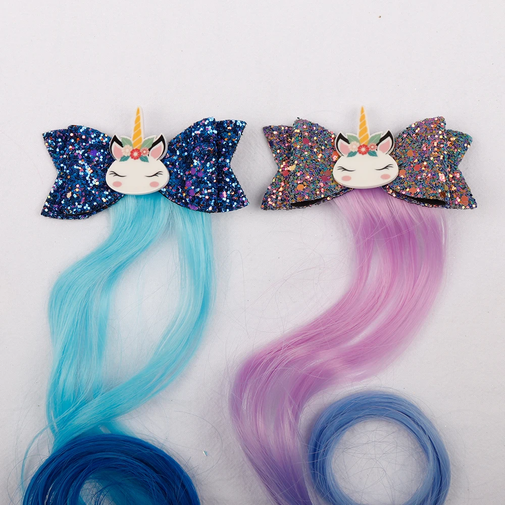 Cheer Bow 3" Glitter Hairbow Girls Kids Children Hairclip With Cartoon Unicorn Long Wig Baby Lovely Hairgrip Hair Accessories