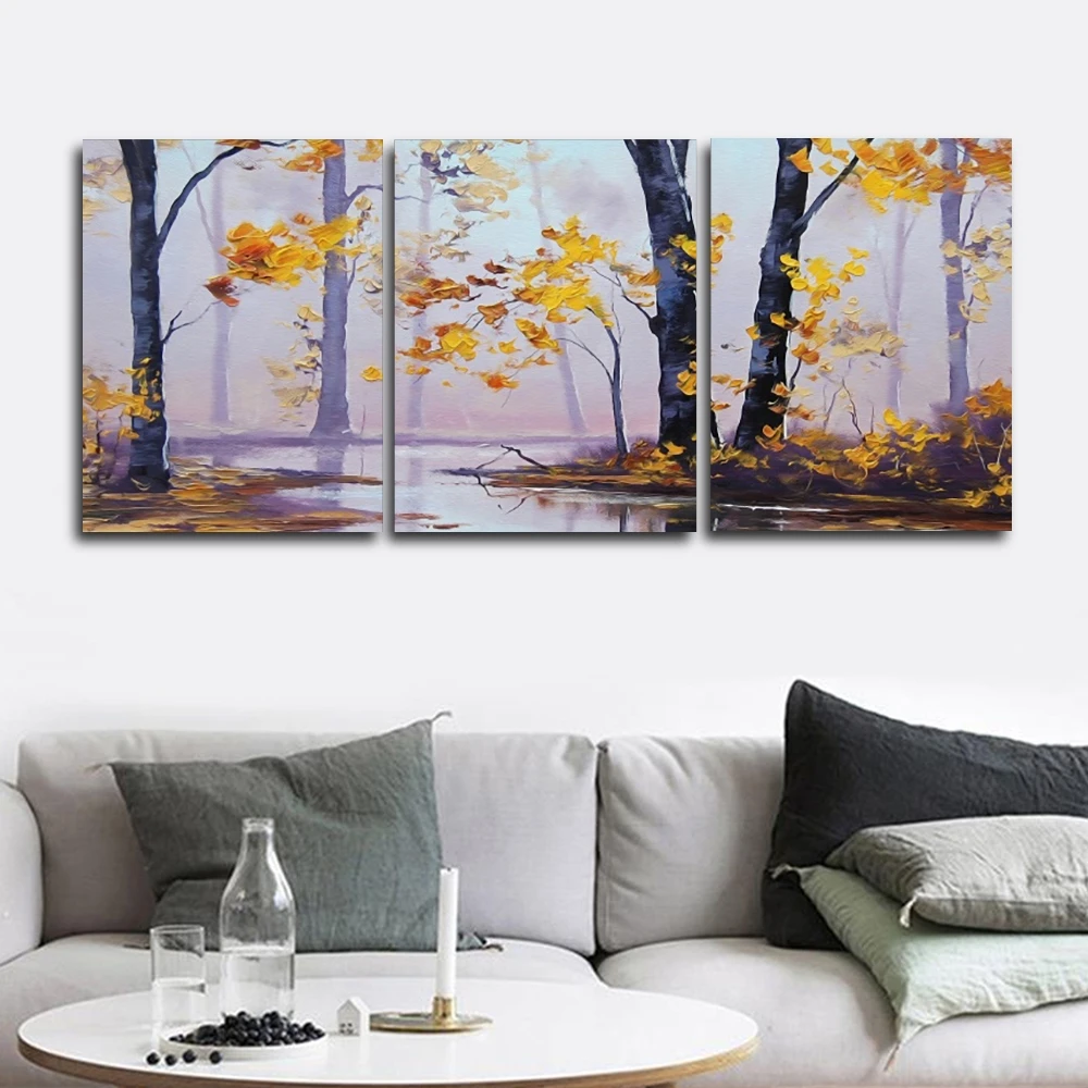 

Laeacco 3 Panel Canvas Painting Trees River Wall Art Forest Autumn Posters and Prints Nordic Home Decoration Living Room Decor