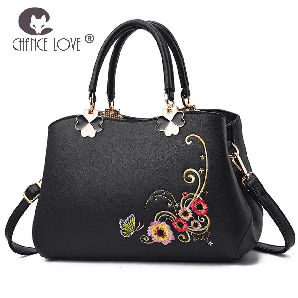 

Chance Love 2018 New women bag PU leather handbag embroidered shoulder bag Flower butterfly embroid casual bag tote