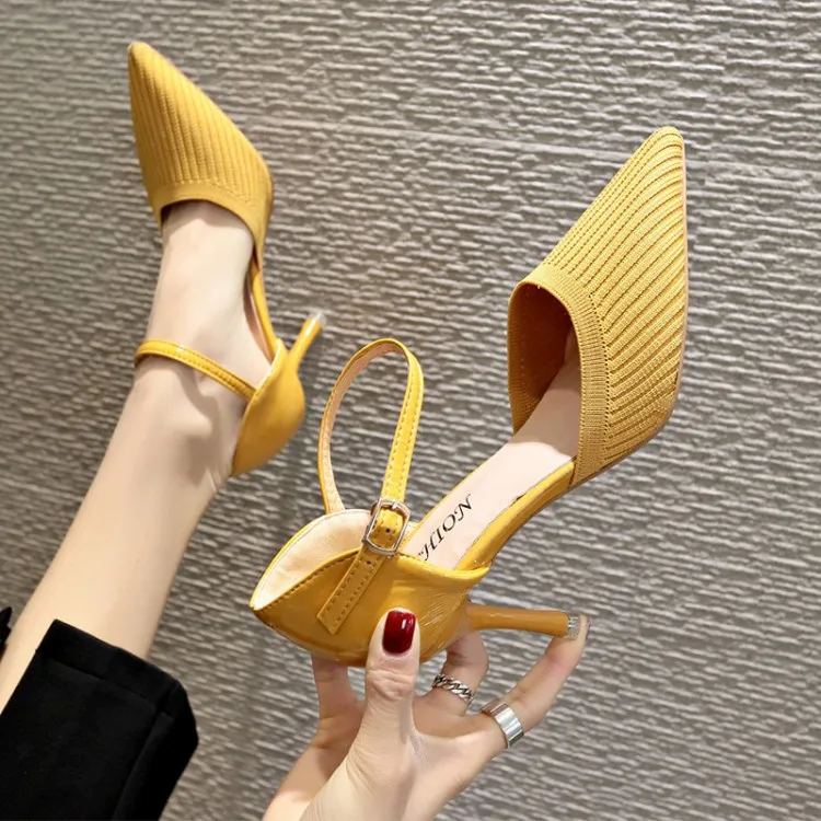 

2019 spring new fashion simple solid color high heels women knitted elastic cloth pointed stiletto single shoes.