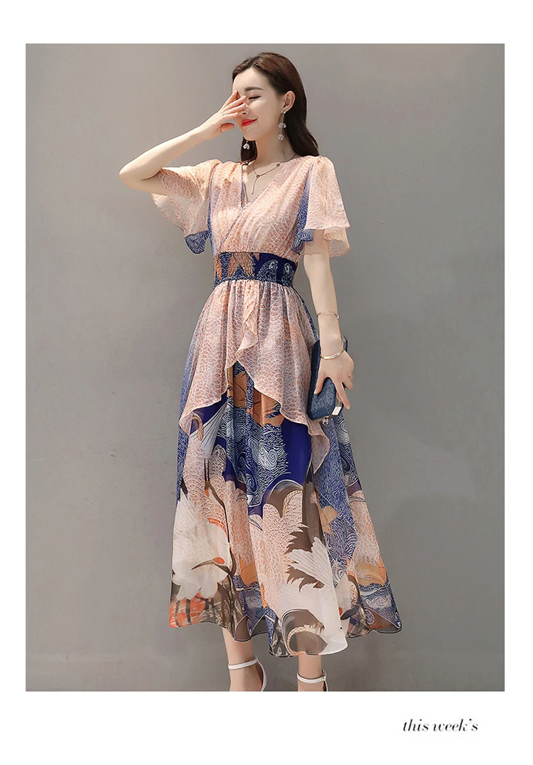 Богемное шифоновое платье макси для женщин, летнее платье с неровной строчкой, длинное пляжное платье с v-образным вырезом и эластичной талией, вечерние платья