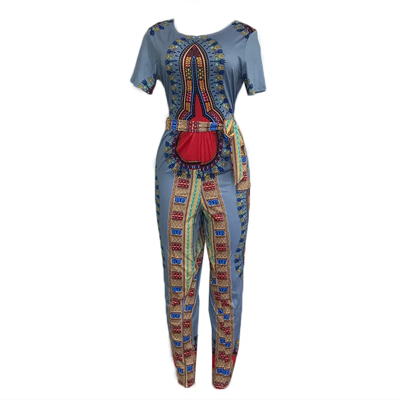 Waistbanded Slim Fitted Bodysuit 2018 autumn women's digital printing jumpsuit waist straps jumpsuit long Bohe onesies Fashion