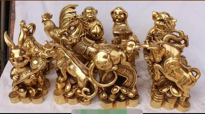 

free 7" Chinese Bronze Wealth 12 Animal Rabbit Dragon Snake Horse Monkey Pig Full Set fast